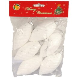 Komplet 6 Białych Bombek Styropianowych w Kształcie Szyszek z Brokatem, 9 cm