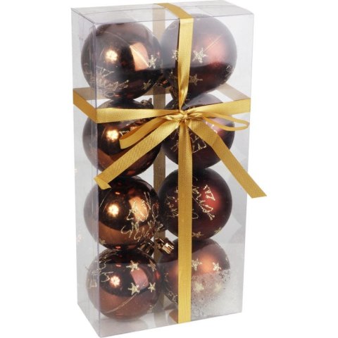 Komplet 8 Brązowych Dekorowanych Bombek Plastikowych o Średnicy 6 cm