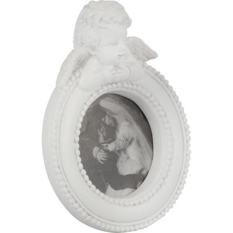 Ramka na zdjęcie okrągła z aniołkiem biała 9x7 cm