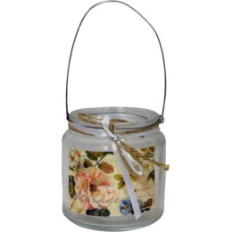 Świecznik szklany z uchwytem i kwiatowym motywem