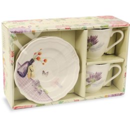 Zestaw 2 filiżanek i 2 talerzyków ceramicznych z kwiatami w wazonie w prezentowym opakowaniu