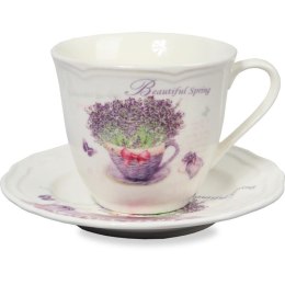 Zestaw 2 filiżanek i 2 talerzyków ceramicznych z kwiatami w wazonie w prezentowym opakowaniu