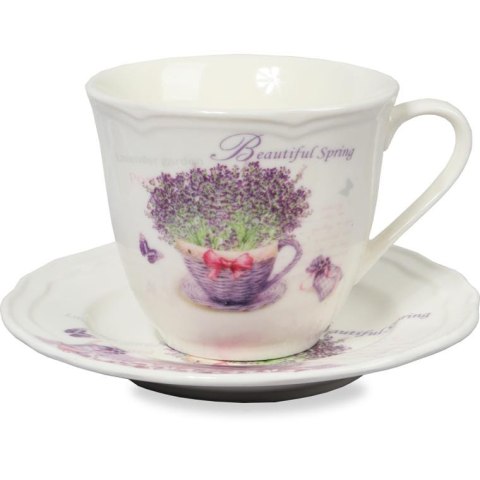 Zestaw 2 filiżanek i 2 talerzyków ceramicznych z kwiatami w wazonie w prezentowym opakowaniu