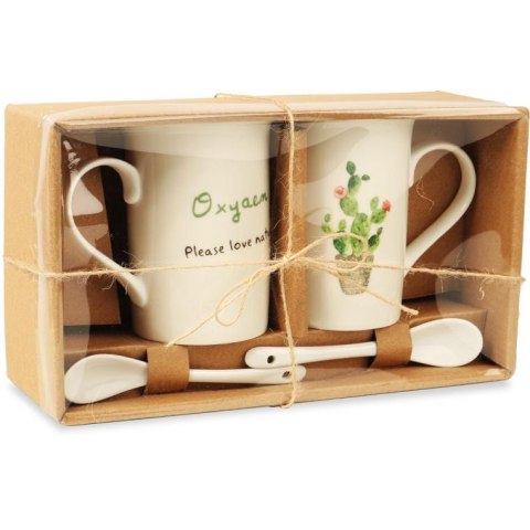 Zestaw Prezentowy: Dwa Ceramiczne Kubki z Łyżeczkami - Motyw Kaktusa