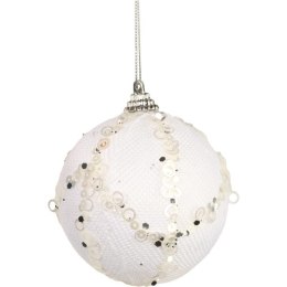 Biała bombka dekoracyjna ze srebrnym brokatem