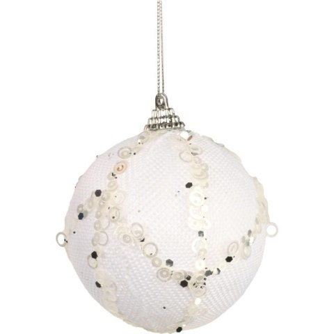 Biała bombka dekoracyjna ze srebrnym brokatem