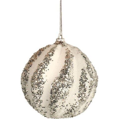 Bombka styropianowa biało-srebrna z brokatem i cekinami wypukła