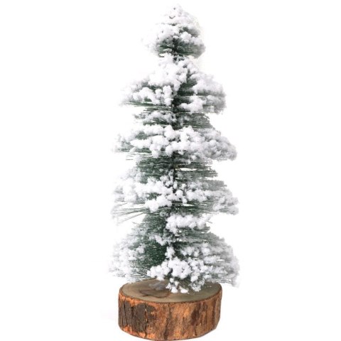 Choinka LED Ośnieżona na Drewnianej Podstawie, Zielona, 30cm, Zasilana Bateriami