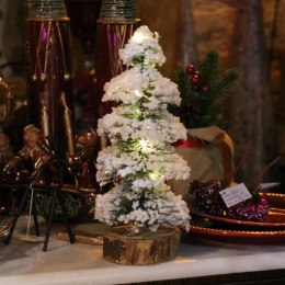 Choinka LED Ośnieżona na Drewnianej Podstawie, Zielona, 30cm, Zasilana Bateriami