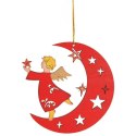 Czerwona Drewniana Zawieszka Świąteczna - Anioł na Księżycu