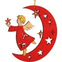 Czerwona Drewniana Zawieszka Świąteczna - Anioł na Księżycu