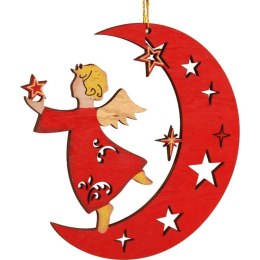 Czerwona Drewniana Zawieszka Świąteczna - Anioł na Księżycu
