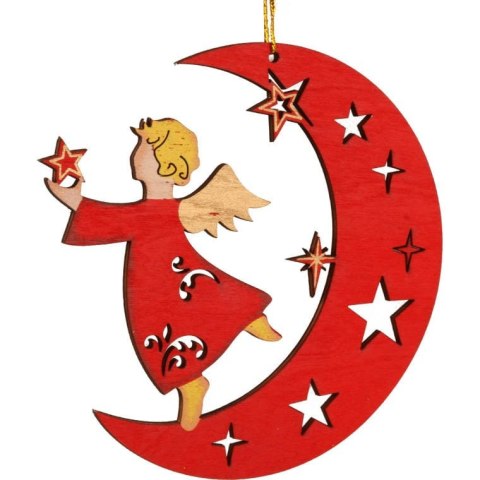 Czerwona Drewniana Zawieszka Świąteczna - Anioł na Księżycu