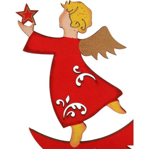 Czerwona Drewniana Zawieszka Świąteczna - Anioł na Księżycu