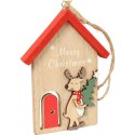 Drewniana Zawieszka Świąteczna - Domek z Reniferem w Kolorze Czerwonym