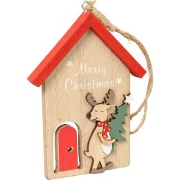 Drewniana Zawieszka Świąteczna - Domek z Reniferem w Kolorze Czerwonym