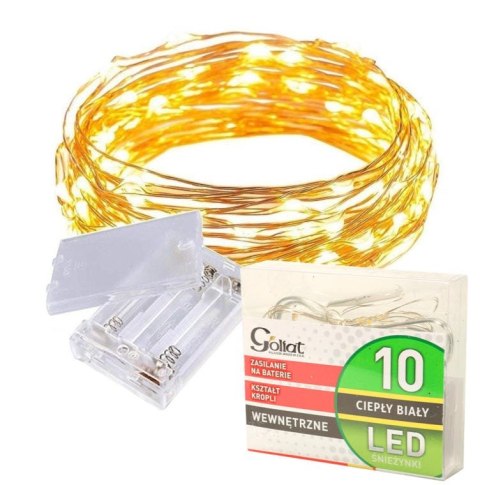 Energooszczędne Lampki Choinkowe-Łezki na Białym Druciku z 10 LED, Ciepły Biały Kolor, Zasilane na Baterie AA