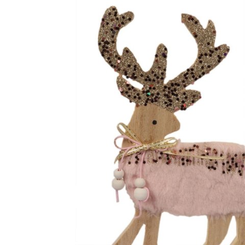Figurka Drewnianego Renifera z Różowym Futerkiem i Cekinami 13x4x22.5 cm