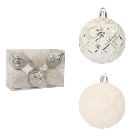 Komplet 6 Białych Bombek Plastikowych z Wytłaczanym Wzorem Romby - 3 Posrebrzane, 3 Brokatowe, Średnica 6 cm