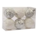 Komplet 6 Białych Bombek Plastikowych z Wytłaczanym Wzorem Romby - 3 Posrebrzane, 3 Brokatowe, Średnica 6 cm