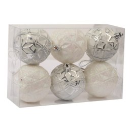 Komplet 6 Białych Bombek Plastikowych z Wytłaczanym Wzorem Romby - 3 Posrebrzane, 3 Brokatowe, Średnica 6 cm