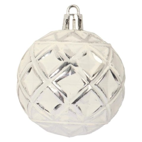 Komplet 6 Białych Bombek Plastikowych z Wytłaczanym Wzorem Romby - 3 Posrebrzane, 3 Brokatowe, Średnica 6 cm