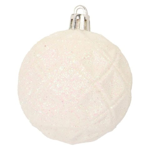 Komplet 6 Białych Bombek Plastikowych z Wytłaczanym Wzorem Romby - 3 Posrebrzane, 3 Brokatowe, Średnica 6 cm