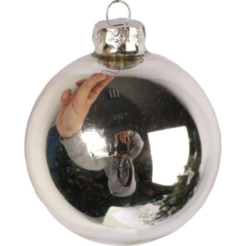 Komplet 6 Srebrnych Bombek Szklanych - Mix Połysk i Mat z Brokatowym Dekorem, 8 cm