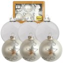 Komplet 6 Srebrnych Bombek Szklanych - Mix Połysk i Mat z Brokatowym Dekorem, 8 cm