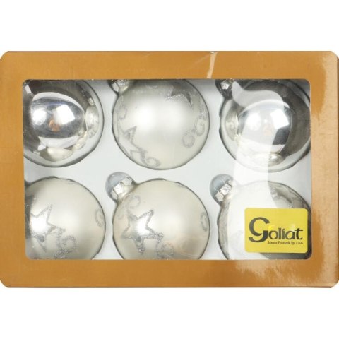 Komplet 6 Srebrnych Bombek Szklanych - Mix Połysk i Mat z Brokatowym Dekorem, 8 cm