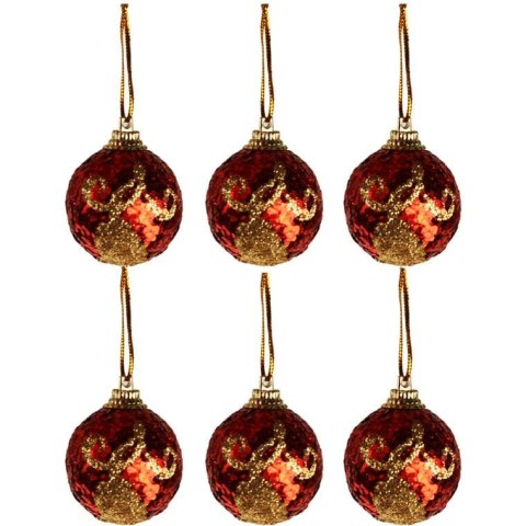 Komplet 6 bombek brokatowych czerwonych 6 cm