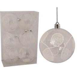 Komplet 6 bombek plastikowych, przezroczystych z białym dekorem