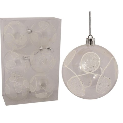Komplet 6 bombek plastikowych, przezroczystych z białym dekorem