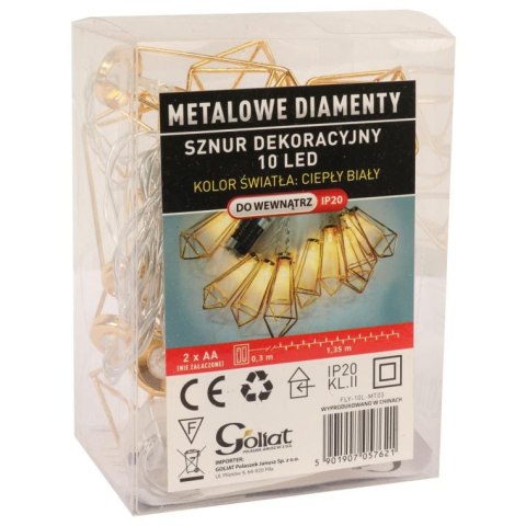 LAMPKI CHOINKOWE 10 LED METALOWE DIAMENTY ZŁOTE ZASILANIE BATERIA