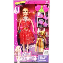 Lalka w czerwono-srebrnej błyszczącej sukience