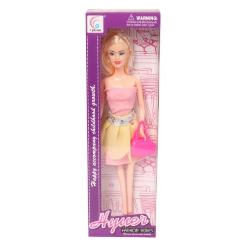 Lalka w różowej bluzce i żółtej spódnicy z różową torebką