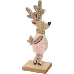 Różowy Renifer - Drewniana Figurka z Futerkiem i Cekinami 16x6 cm