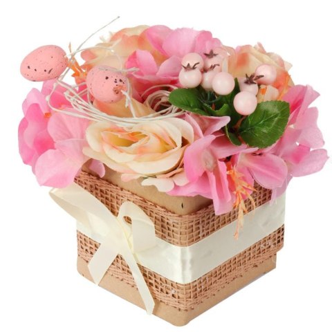 Stroik Wielkanocny Flower Box z Różowymi Jajkami i Sztucznymi Kwiatami