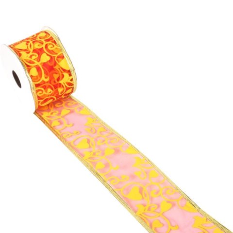 Świąteczna wstążka dekoracyjna w kolorze pomarańczowym z żółtym wzorem i złotym obrzeżem 5 cm x 2,7 m