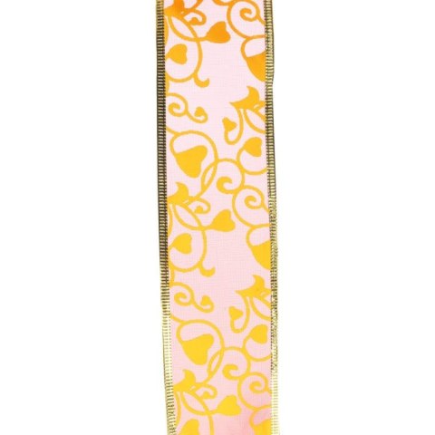 Świąteczna wstążka dekoracyjna w kolorze pomarańczowym z żółtym wzorem i złotym obrzeżem 5 cm x 2,7 m