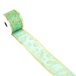 Wstążka Świąteczna Zielono-Złota z Brokatem i Usztywnianym Obrzeżem 5 cm x 2,7 m