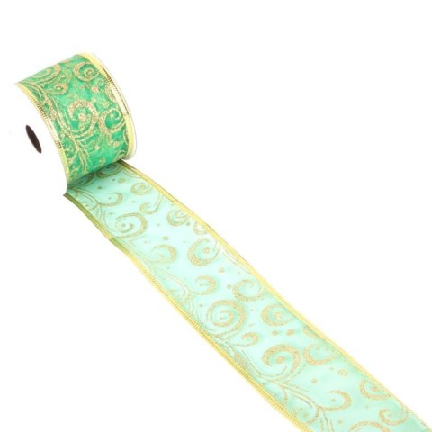 Wstążka Świąteczna Zielono-Złota z Brokatem i Usztywnianym Obrzeżem 5 cm x 2,7 m
