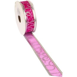 Wstążka dekoracyjna świąteczna różowa ze srebrnym obrzeżem 3cm x 2,7 m