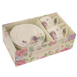 Zestaw 2 filiżanek i 2 talerzyków ceramicznych z fioletowym wazonem w prezentowym opakowaniu