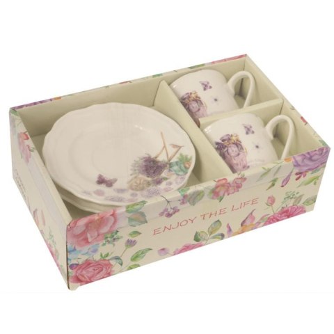 Zestaw 2 filiżanek i 2 talerzyków ceramicznych z fioletowym wazonem w prezentowym opakowaniu