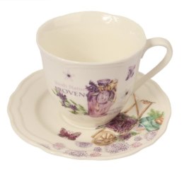 Zestaw 2 filiżanek i 2 talerzyków ceramicznych z fioletowym wazonem w prezentowym opakowaniu