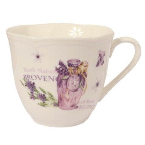 Zestaw 2 filiżanek i 2 talerzyków ceramicznych z fioletowym wazonem w prezentowym opakowaniu