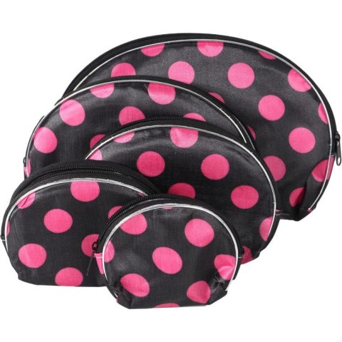 Zestaw 5 kosmetyczek w kolorze czarnym w różowe kropki