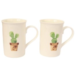 Zestaw Prezentowy Green Love - Dwa Kubki Ceramiczne z Łyżeczkami o Motywie Kaktusa