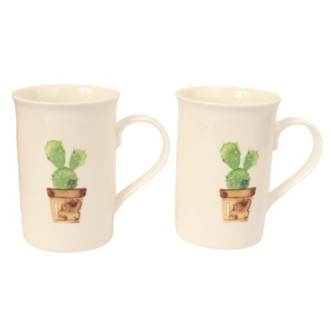 Zestaw Prezentowy Green Love - Dwa Kubki Ceramiczne z Łyżeczkami o Motywie Kaktusa